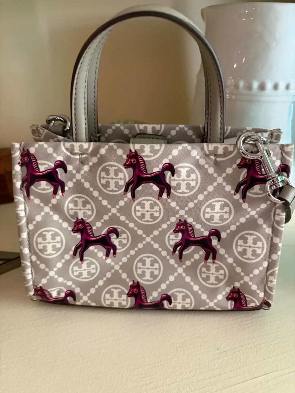 Tory Burch Mini Ella Horse Tote Crossbody Gray & Magenta